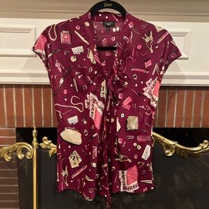 Vintage Talbots 100% silk blouse with cap sleeves, tie neck & accessories print